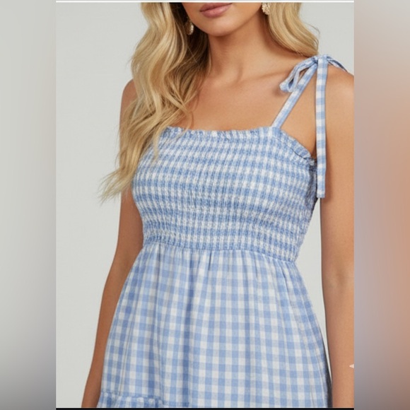 Gingham Shirred Cami Dress Blue - Picture 2 of 8